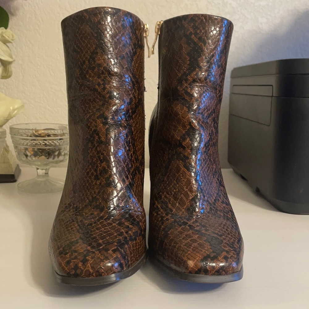 Brown and Black Snake Pattern Heeled Bootie